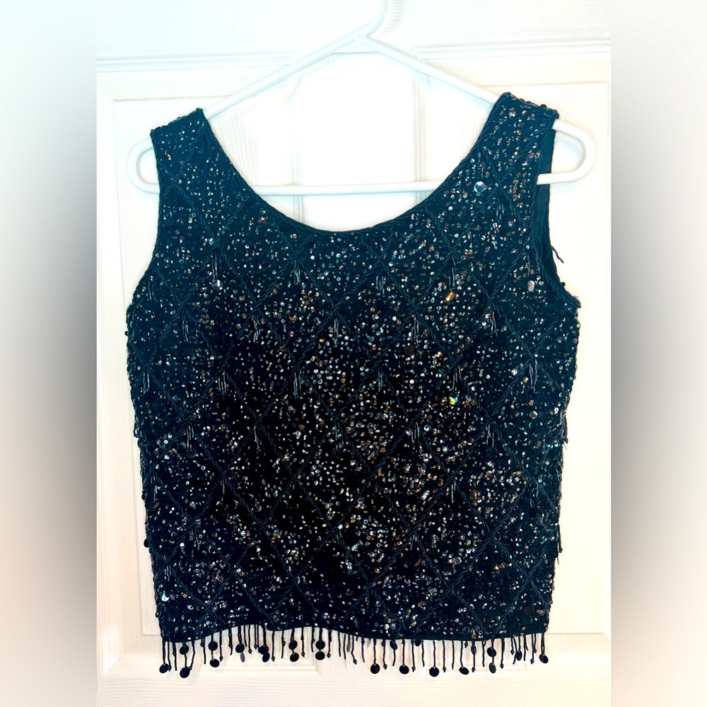Black Vintage Beaded and Sequinned Top - Women's Size Medium